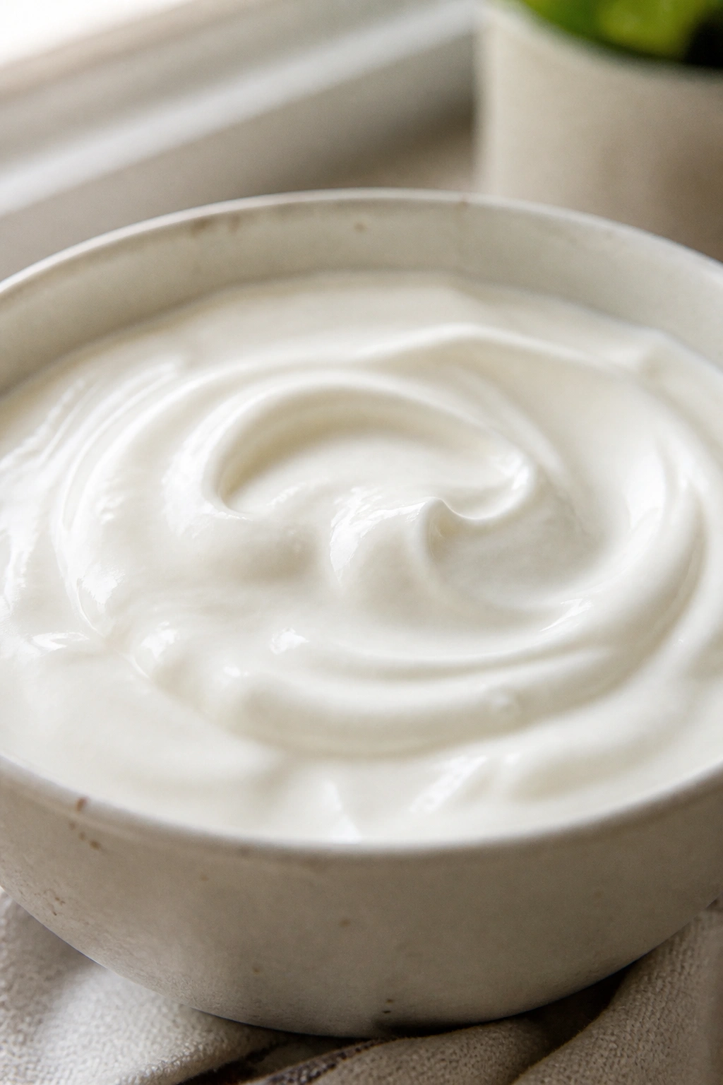 Close-up of plain yogurt in a bowl with soft morning light