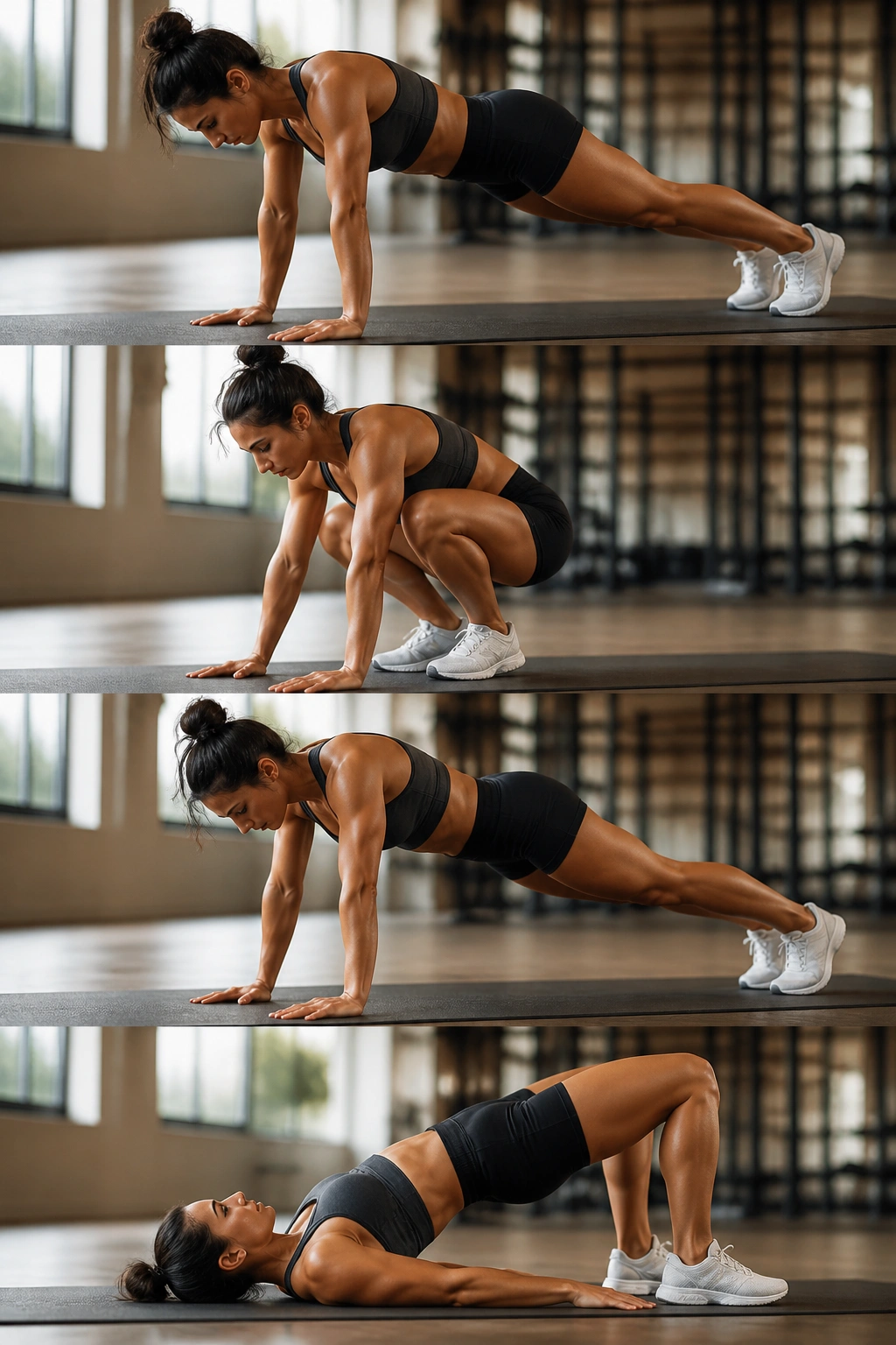 Real person performing plank-bridge hybrid exercise in gym