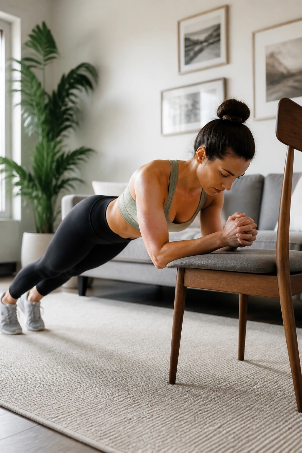 Real person holding a forearm plank on a chair in a home setting