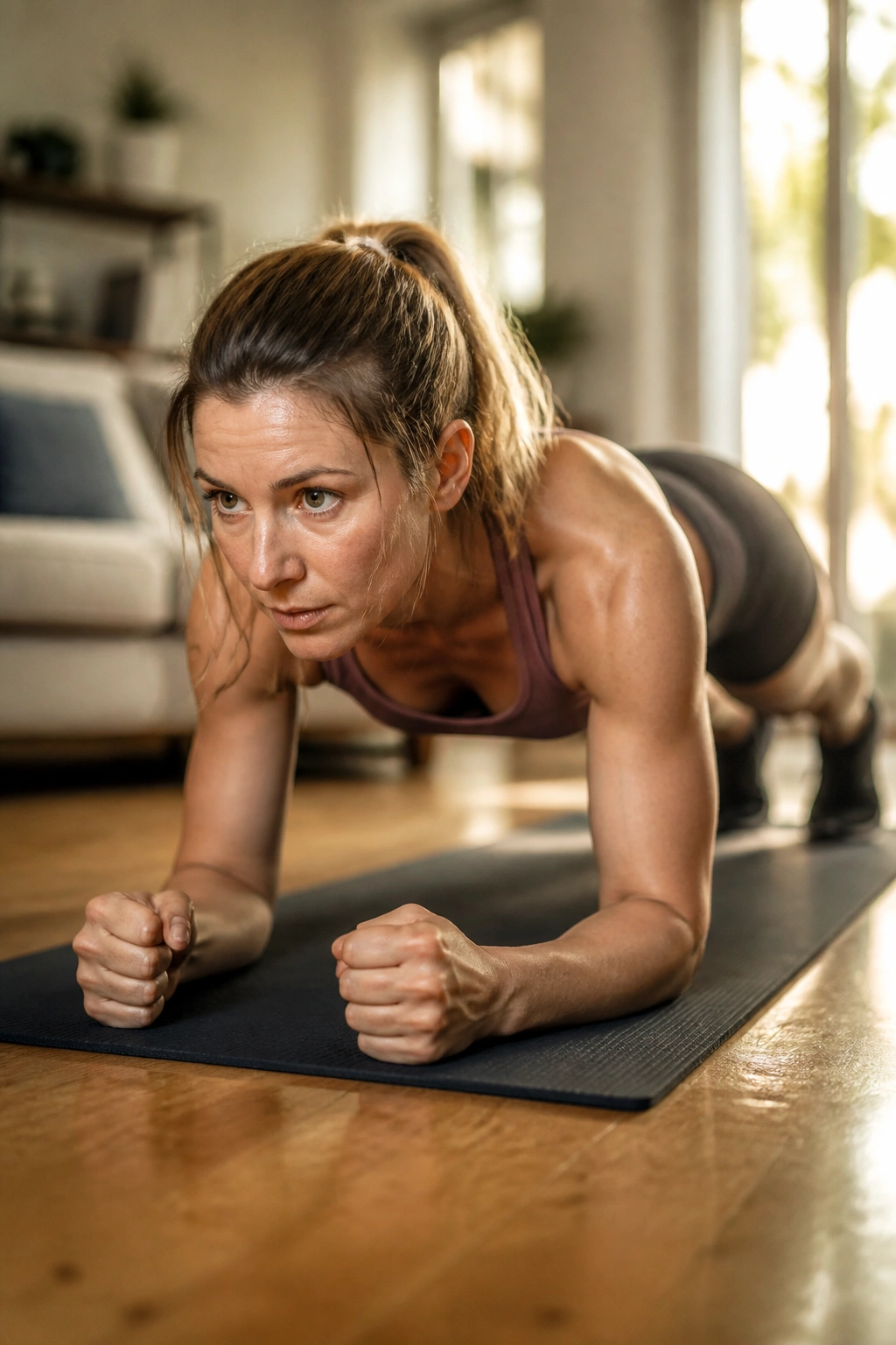 Person in forearm plank in a cozy home setting