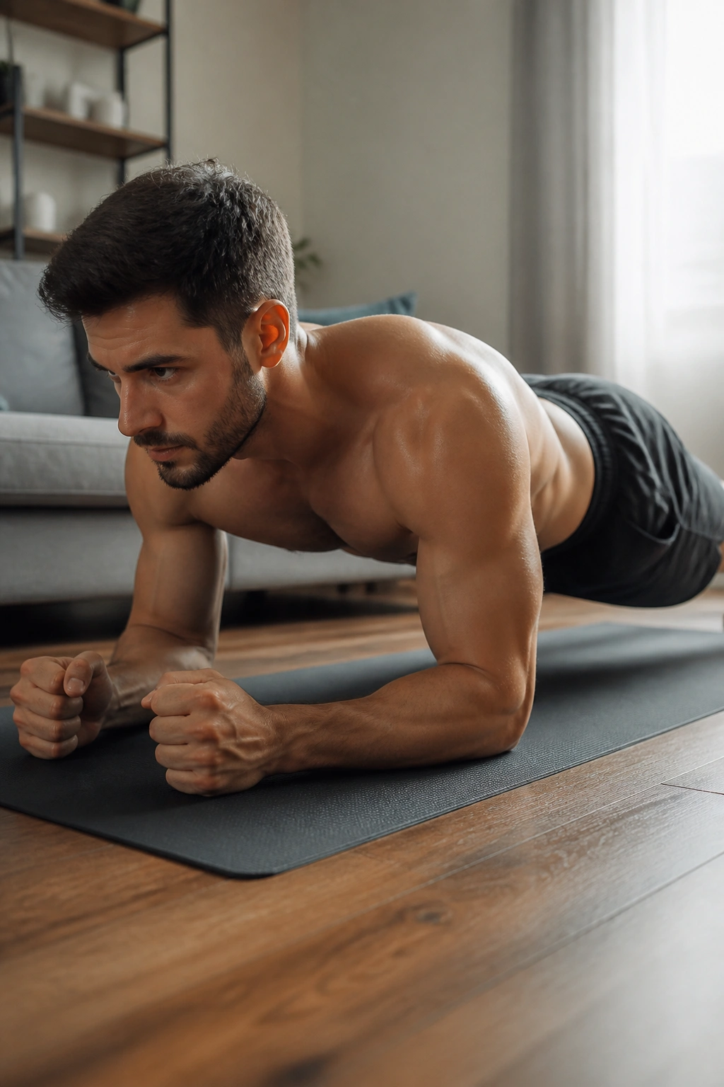 Close-up of person performing braced elbow plank with engaged core and tucked pelvis.