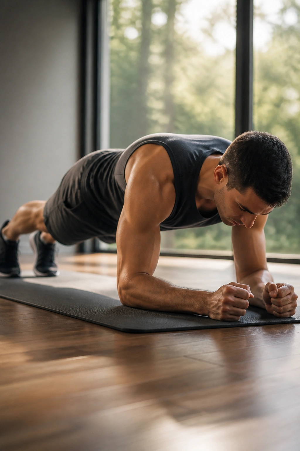 Close-up of a real person in a forearm plank with a straight body line from head to heels