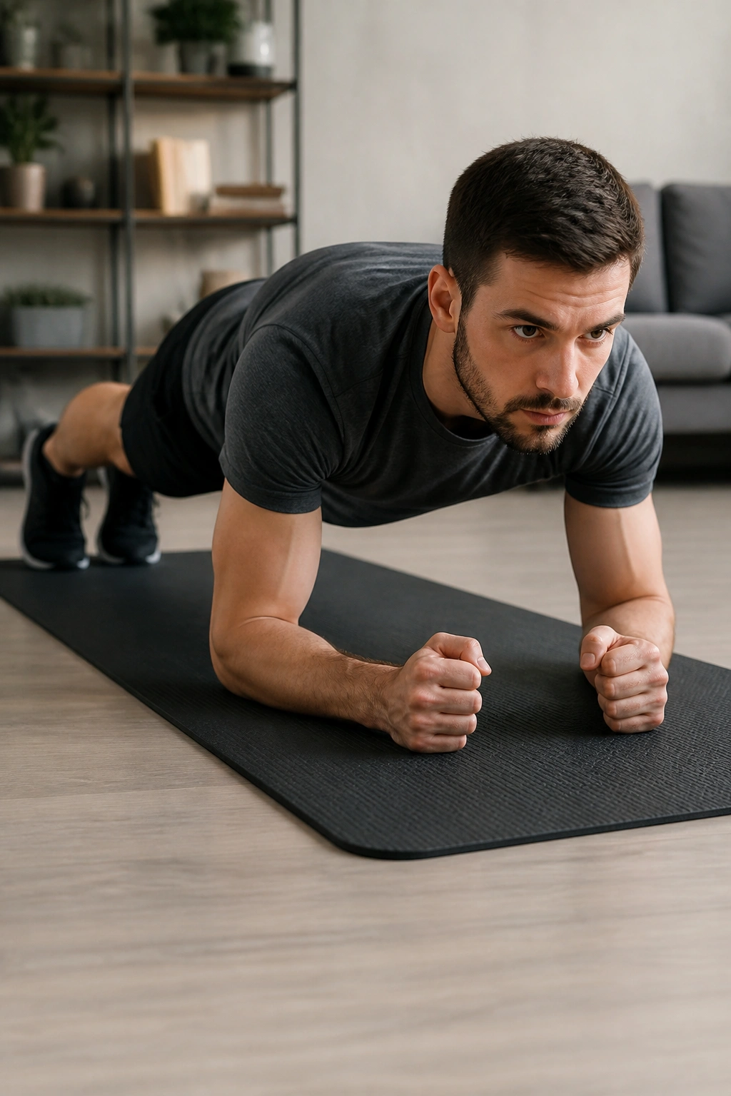 Close-up of a person in forearm plank position showing core engagement
