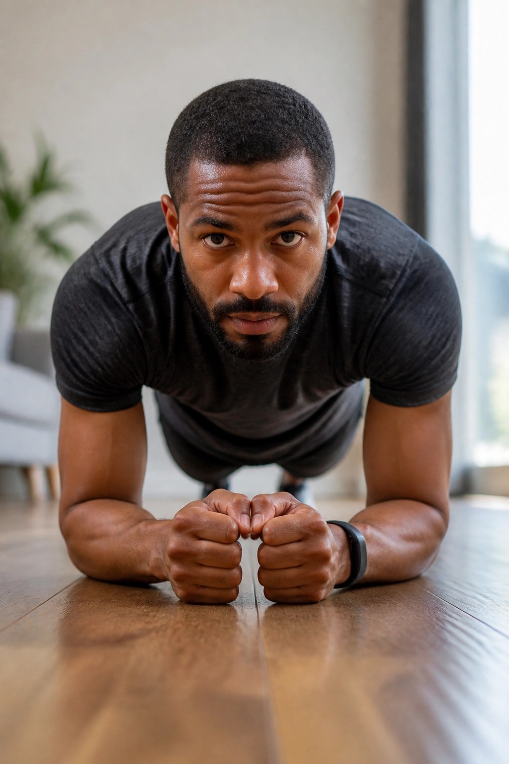 Person in forearm plank on a clean floor