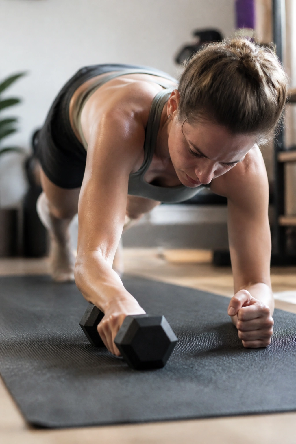 Forearm plank with dumbbell drag across a mat in a home gym