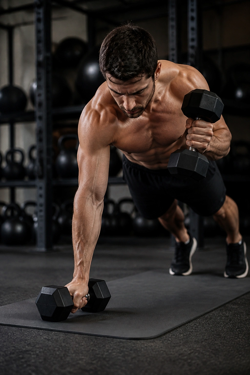 High-plank with dumbbell drag and mid-curl hold showing anti-rotation core work