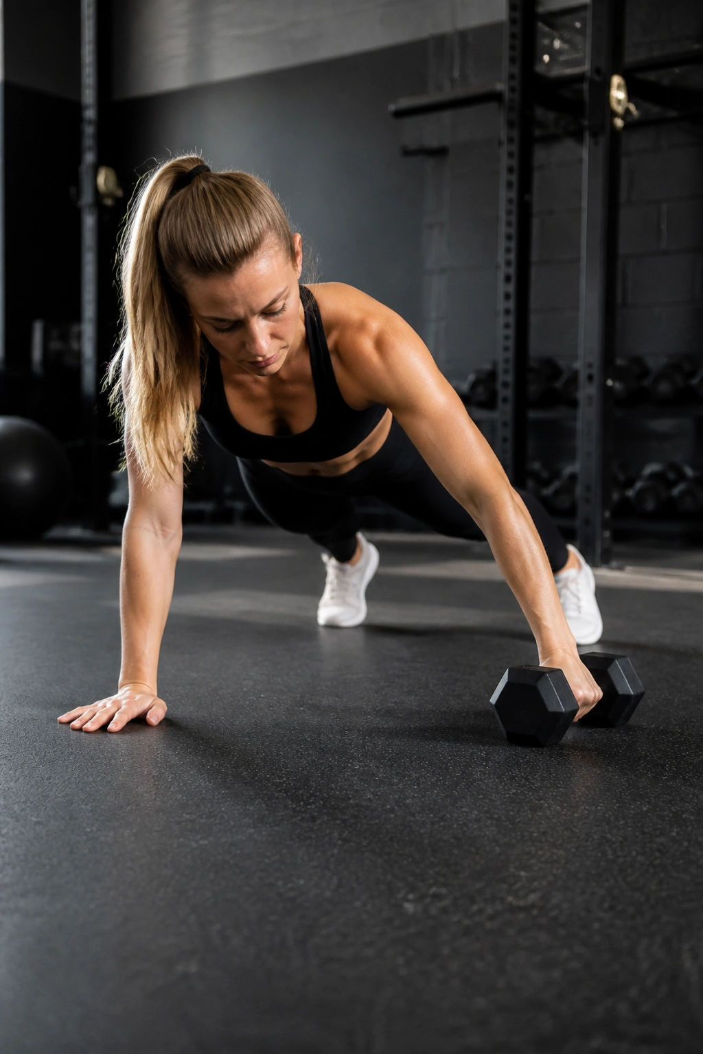 High-plank with dumbbell drag showing core stability on gym floor