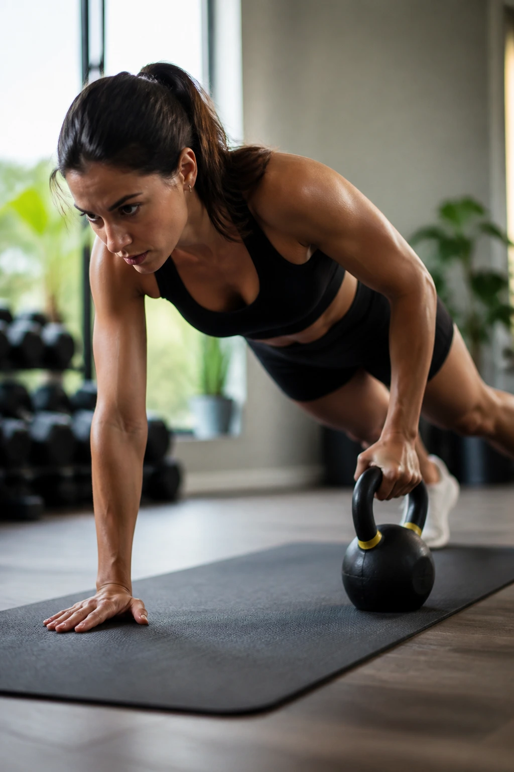 Person in a plank position with kettlebell outside hand ready to drag across body