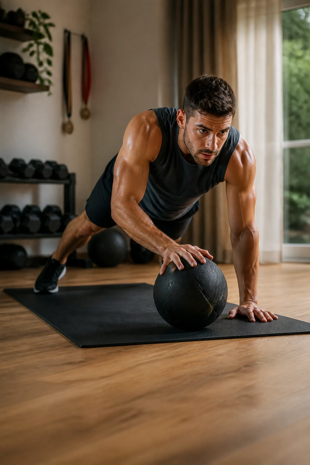 High plank with medicine ball drag and tap in a home workout