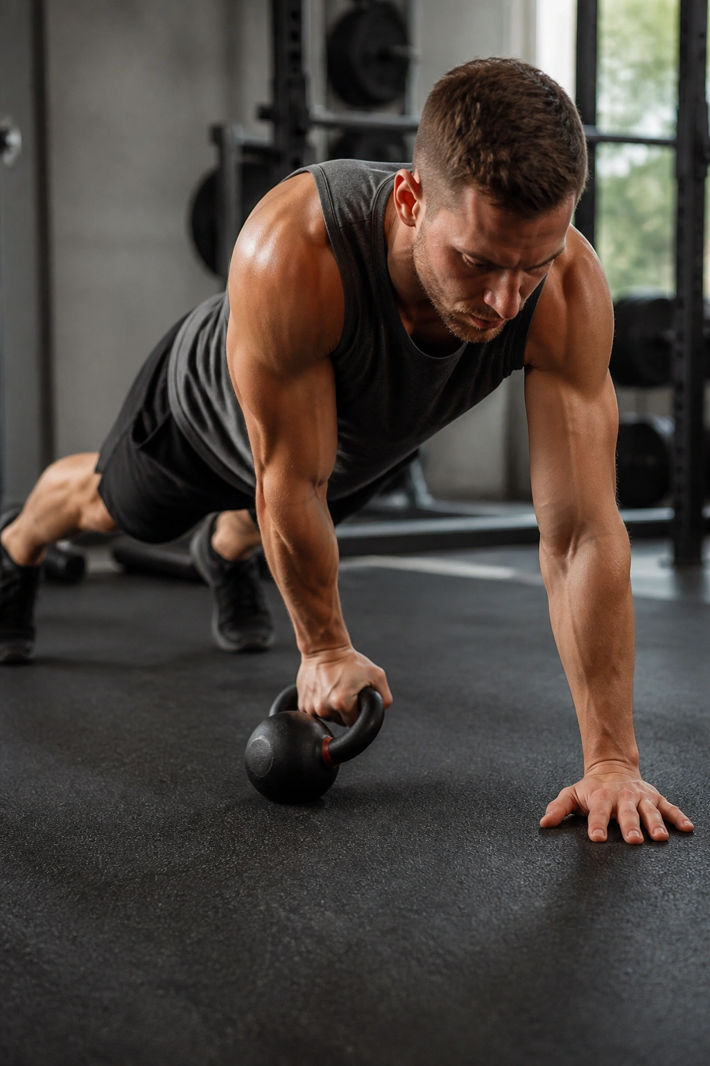 Close-up of a person performing Plank Drag-Through in a high plank with a kettlebell under the chest.