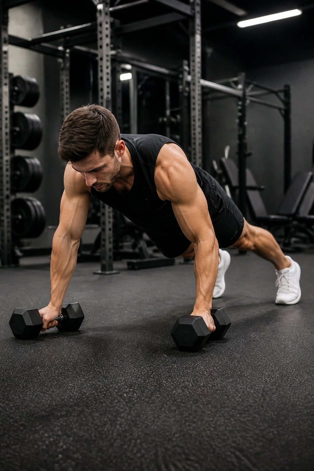 Person in high plank performing weighted plank drags in gym