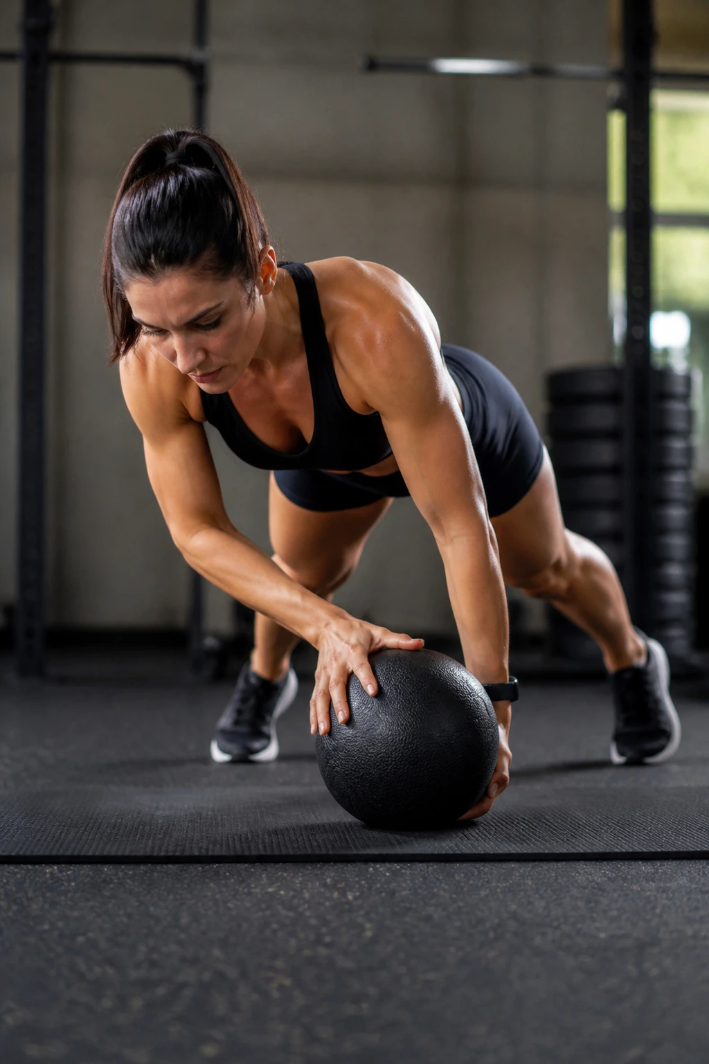 Person performing plank hand-offs around the ball in gym.