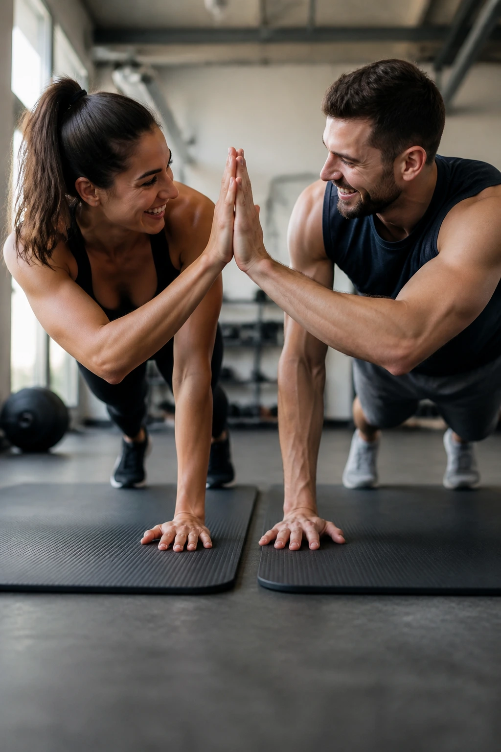 Two people in high plank reaching to high-five during a core circuit on gym mats