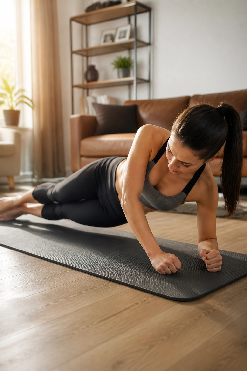 Person performing hip dips in forearm plank with controlled oblique rotation