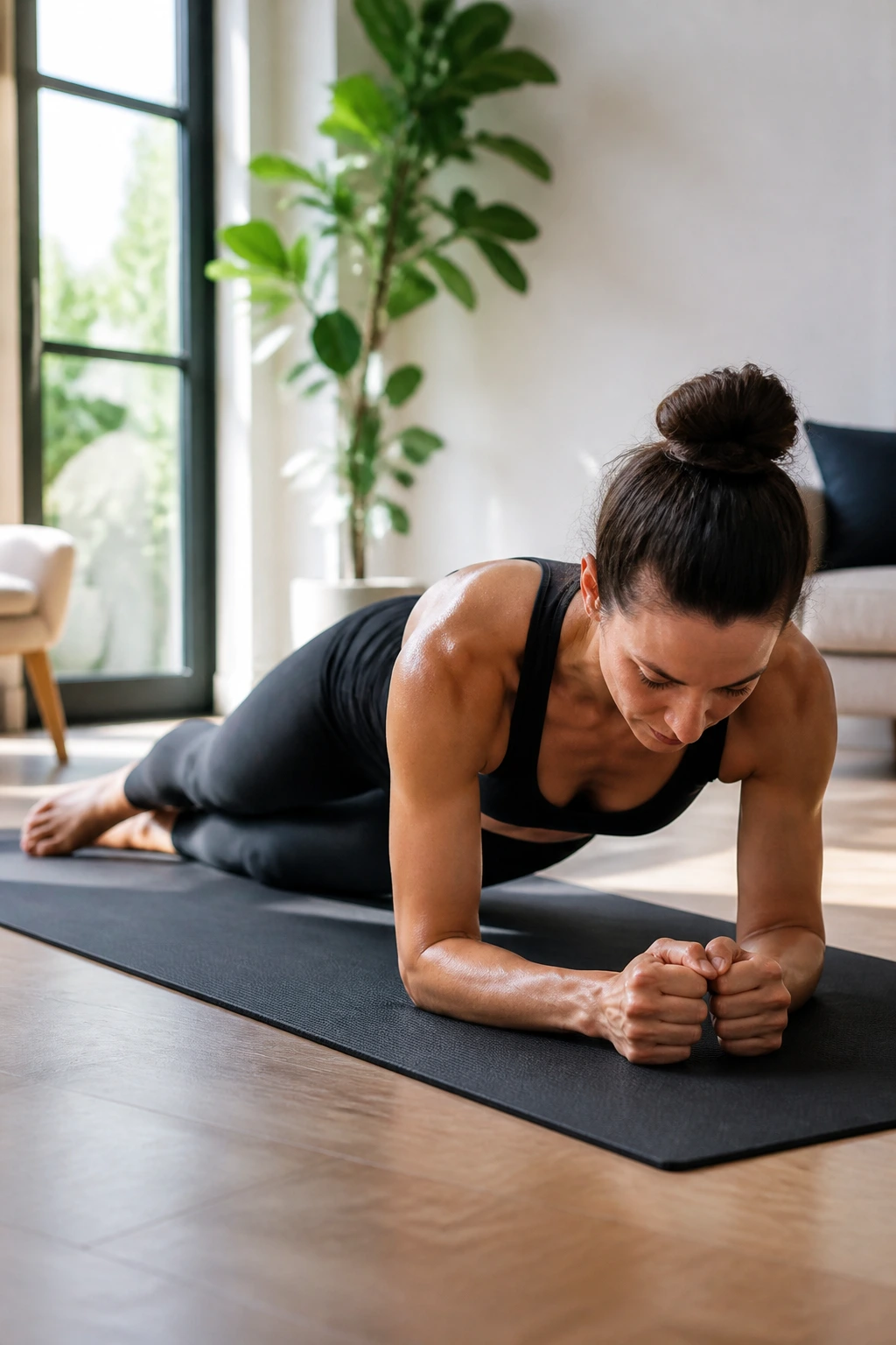 Person in forearm plank performing hip dips in a sunlit living room