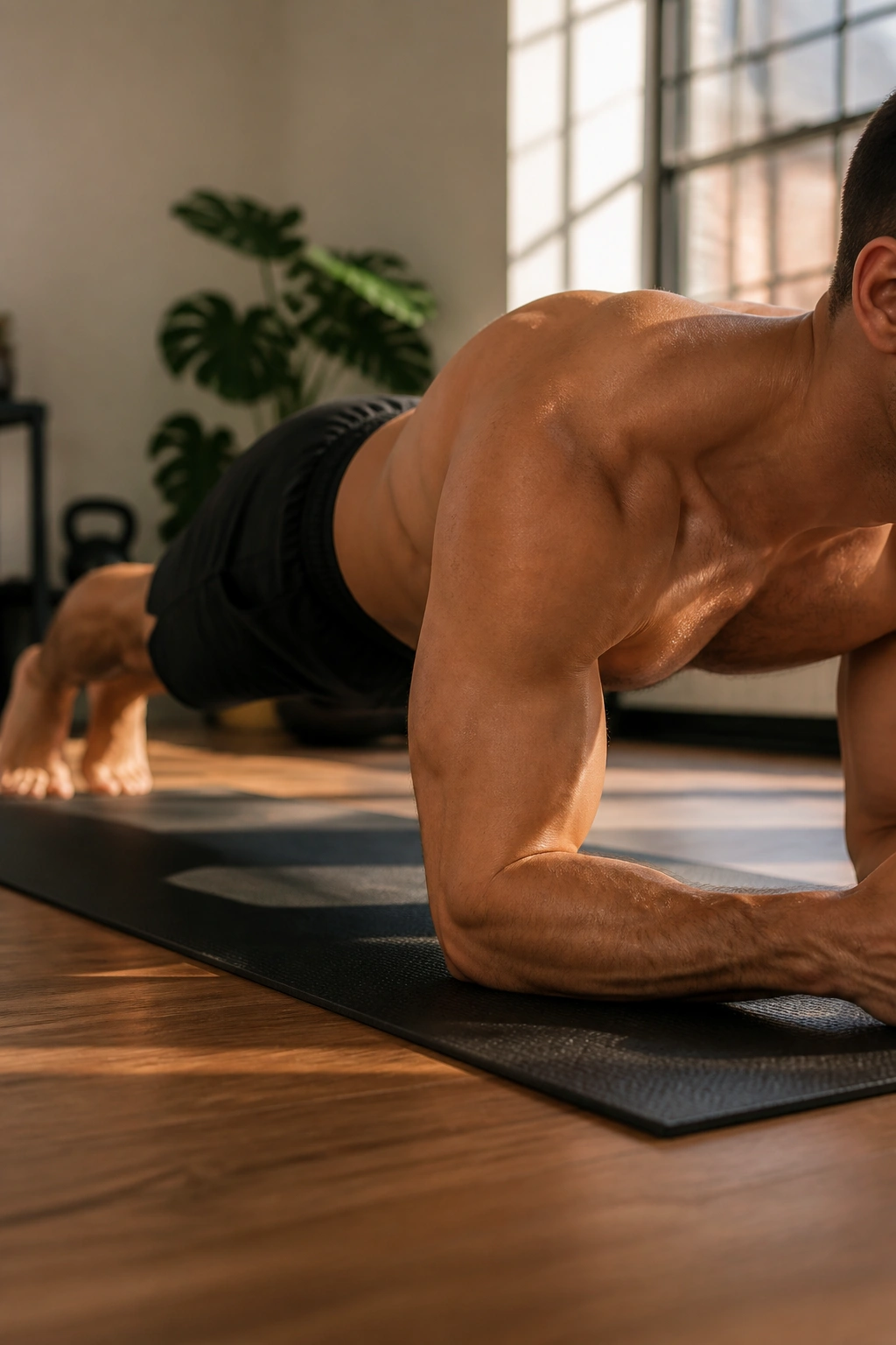 Close-up of torso braced in a classic plank hold on a mat