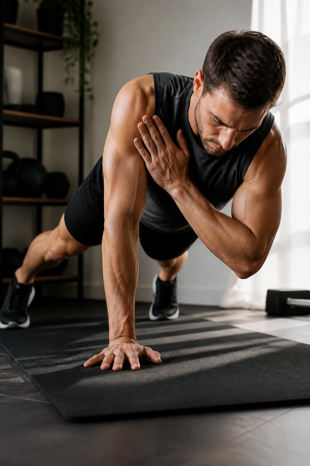 Close-up of plank jack plus shoulder taps in a home gym