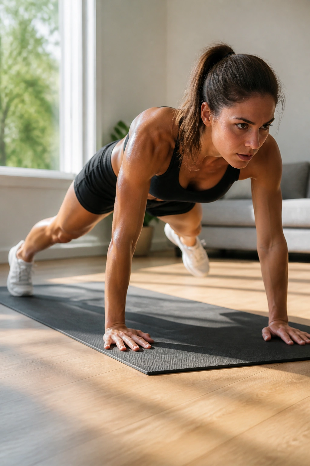 Person in high plank performing plank jacks on a home mat, core engaged.