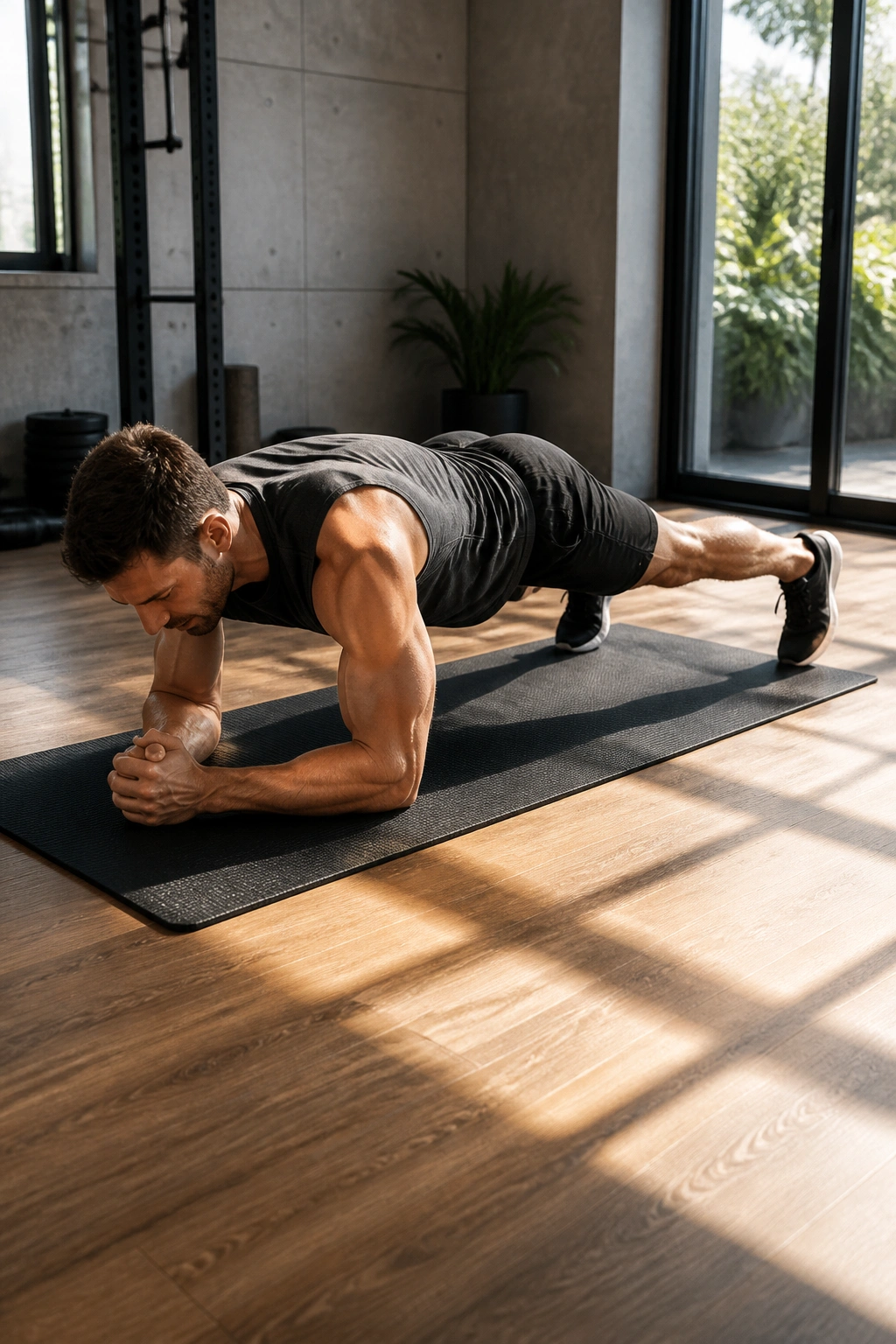 Mid-shot of a person in a plank performing plank jacks on a workout mat