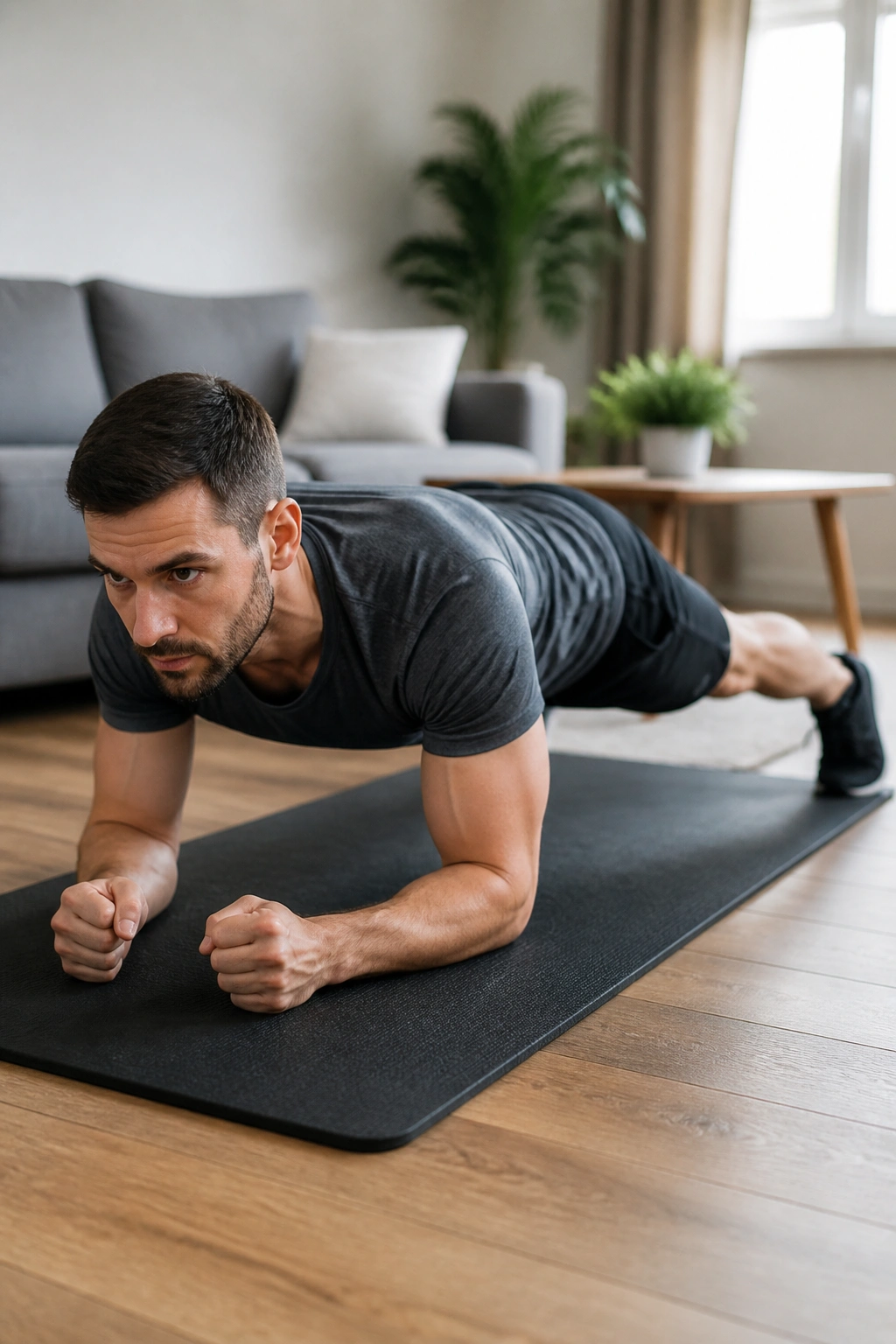 Person performing plank jacks in forearm plank on a home mat