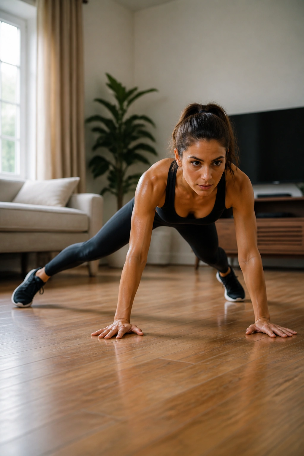 Person in high plank performing plank jacks in a living room