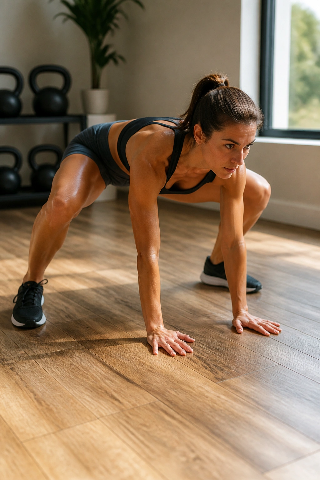 Person performing plank jacks into squat pulse with core engaged.