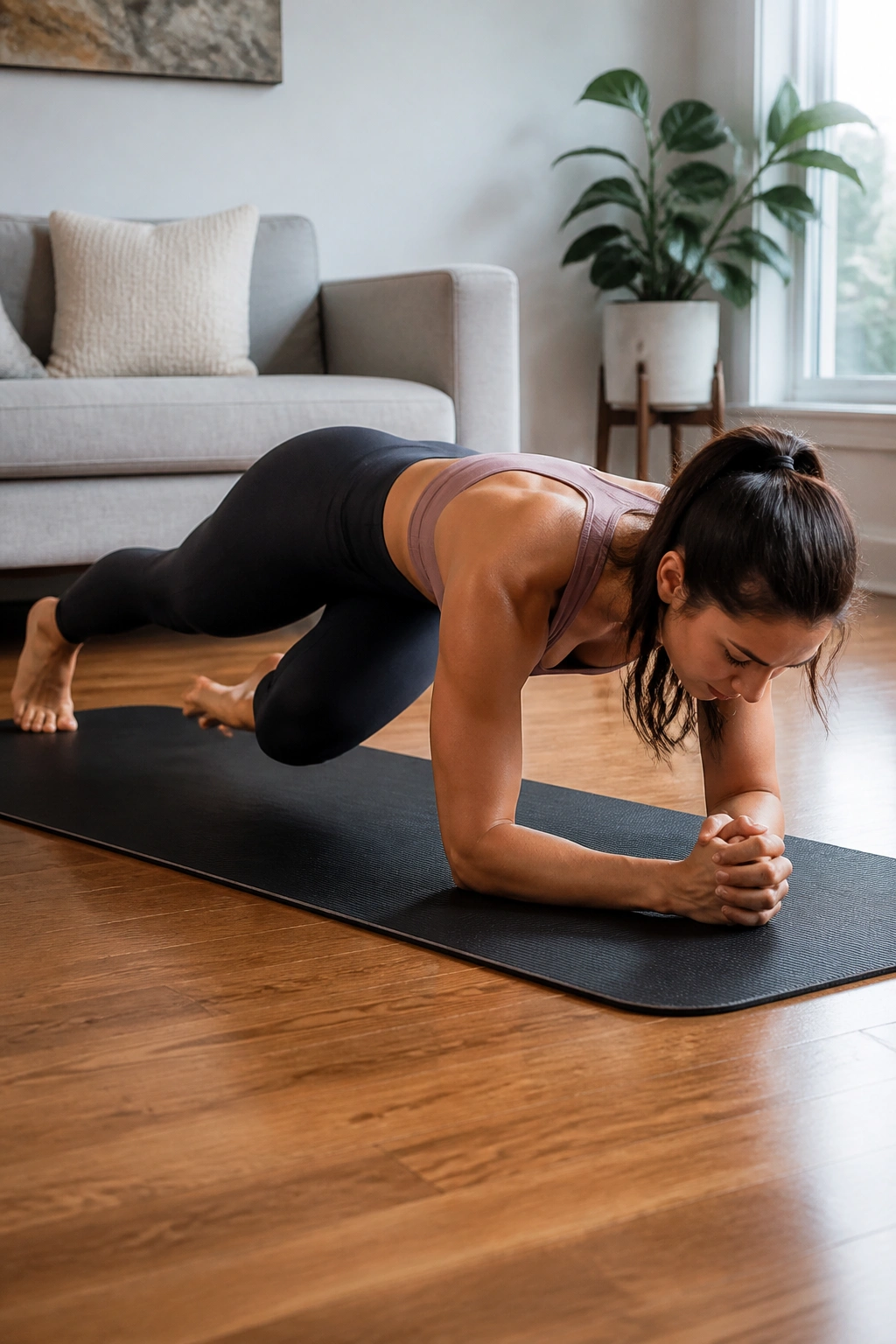 Person in forearm plank performing knee tuck in a home setting