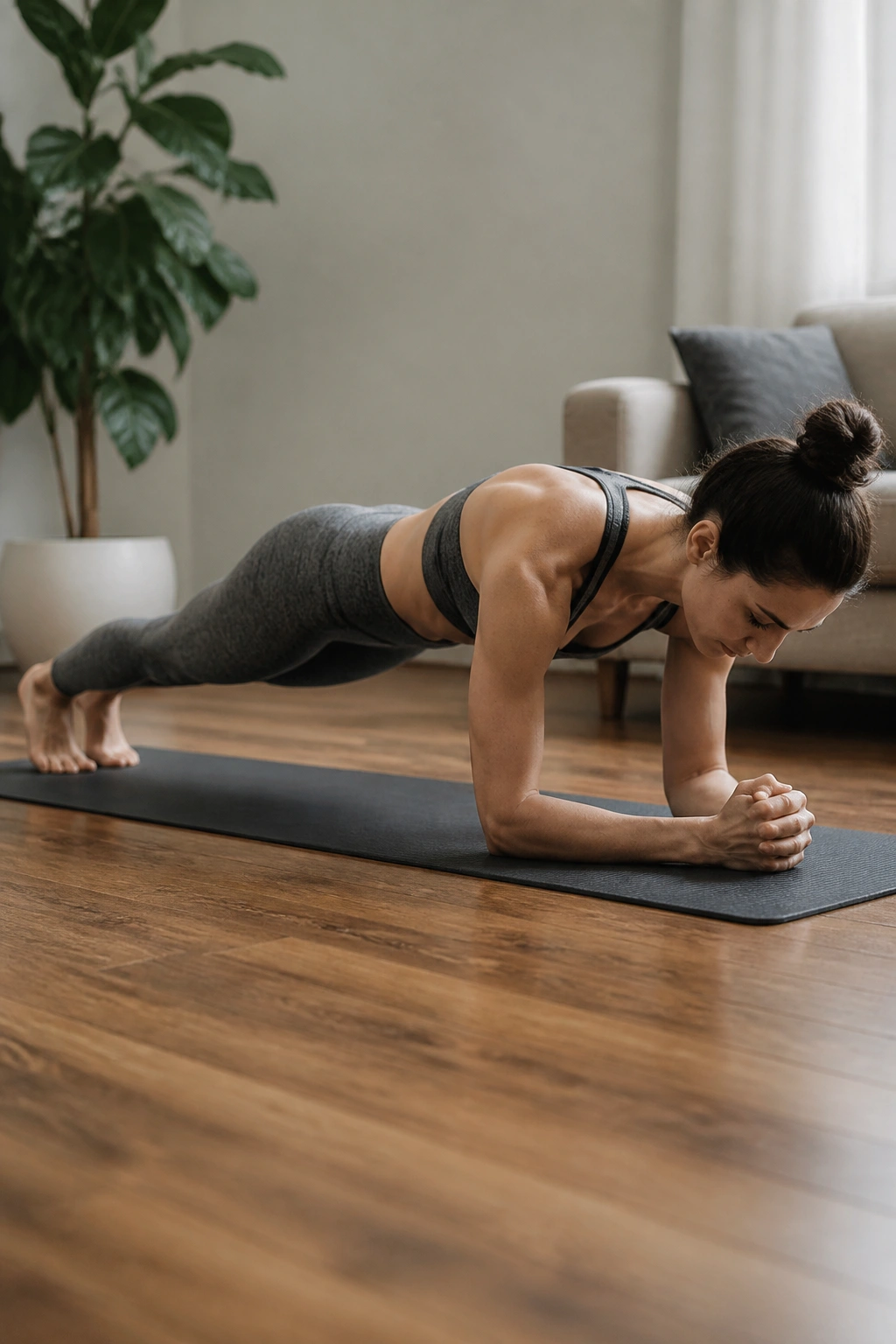 Person in plank position on yoga mat in a living room