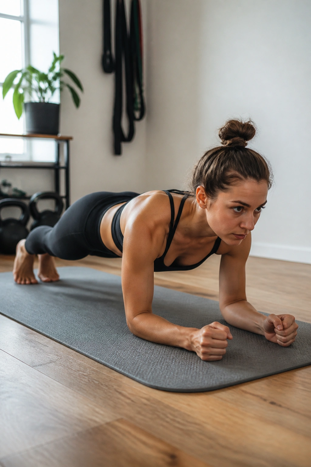 Medium close-up of a person performing a forearm plank on a mat, demonstrating plank form in a home gym