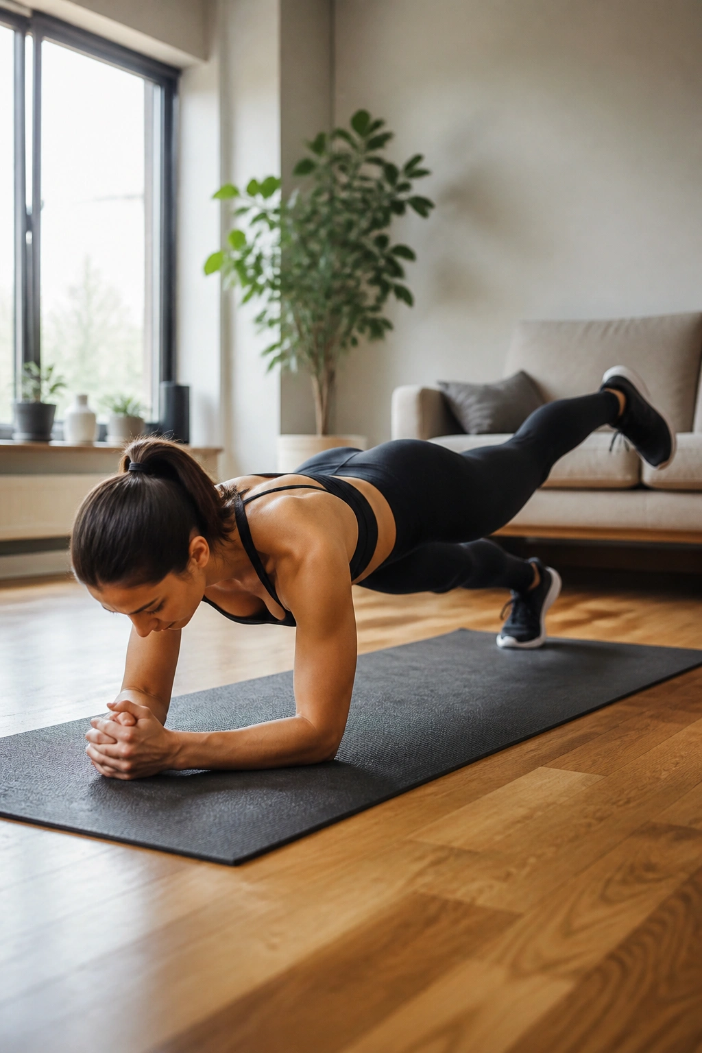 Person in forearm plank lifting a leg to engage glutes