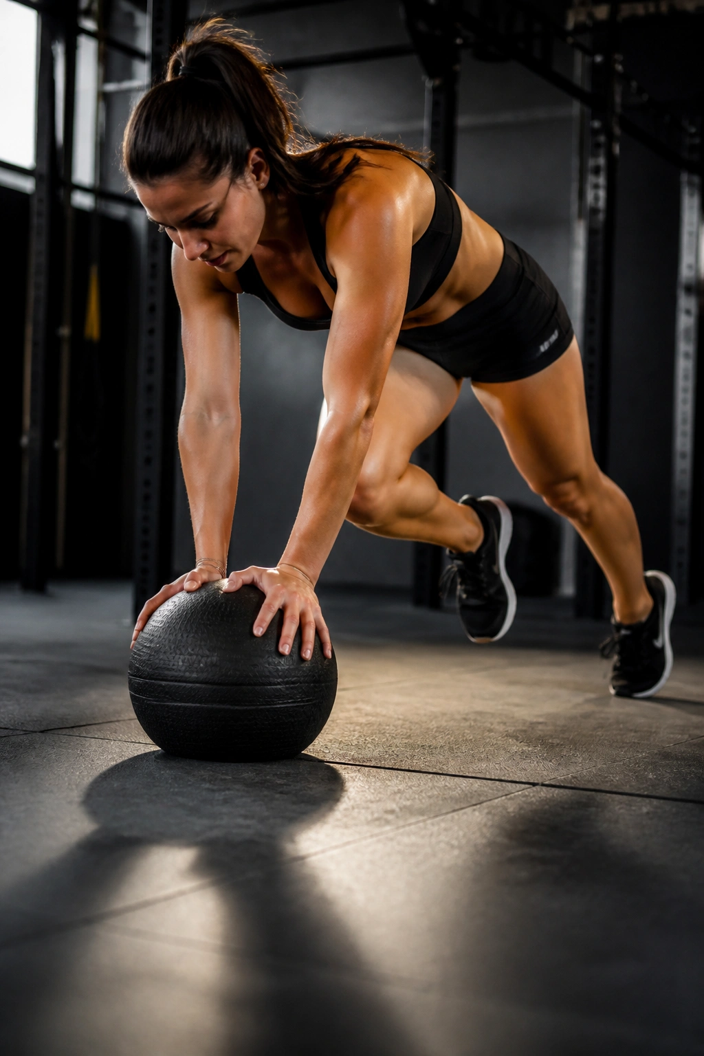 Athlete in plank on slam ball for mountain climbers in gym