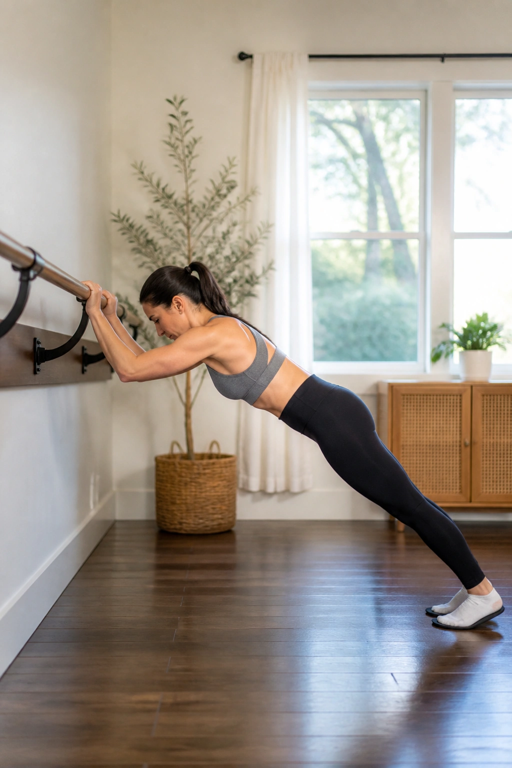 Woman in plank-to-pike transition at barre