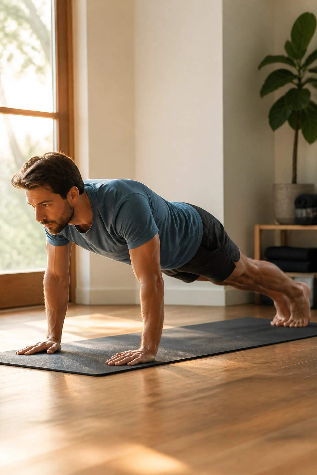 Person in plank pose on a mat in a sunlit home yoga corner