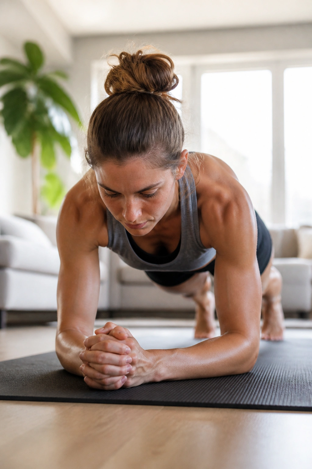 Real person performing long-lever plank with forward-extended elbows