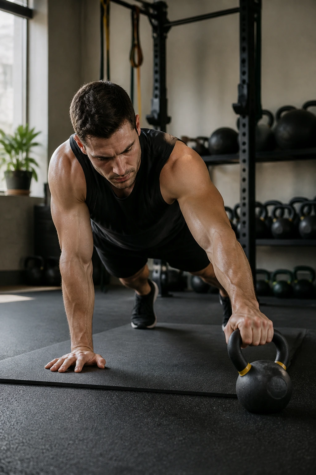 Person in high plank pulling a kettlebell across the mat with controlled core