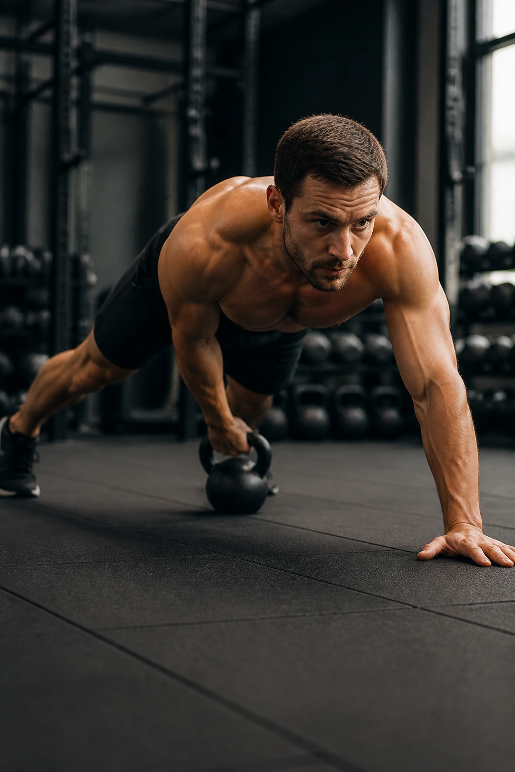 Athlete in hardstyle plank pull-through with kettlebell on gym floor