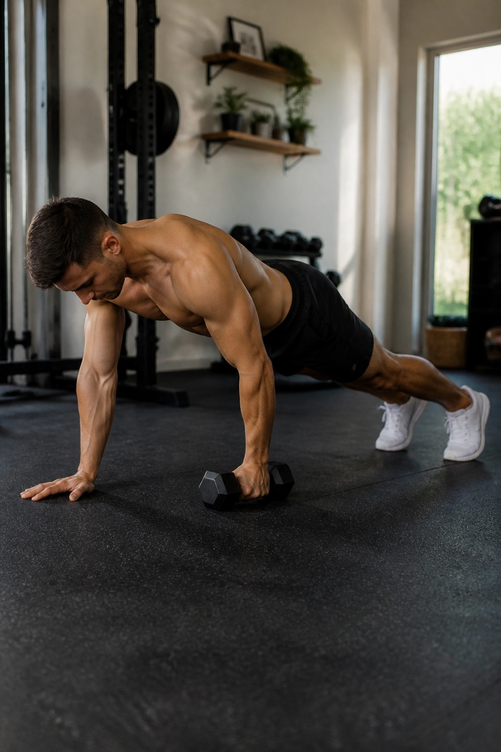 Person performing plank pull-throughs with weight while keeping hips stable