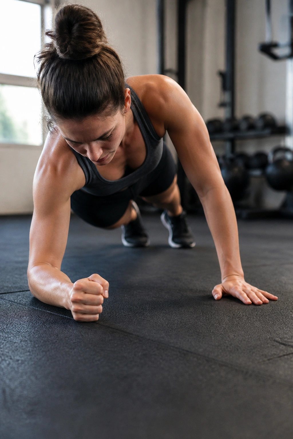 Person performing plank-to-push-up transition with a flat, stable core