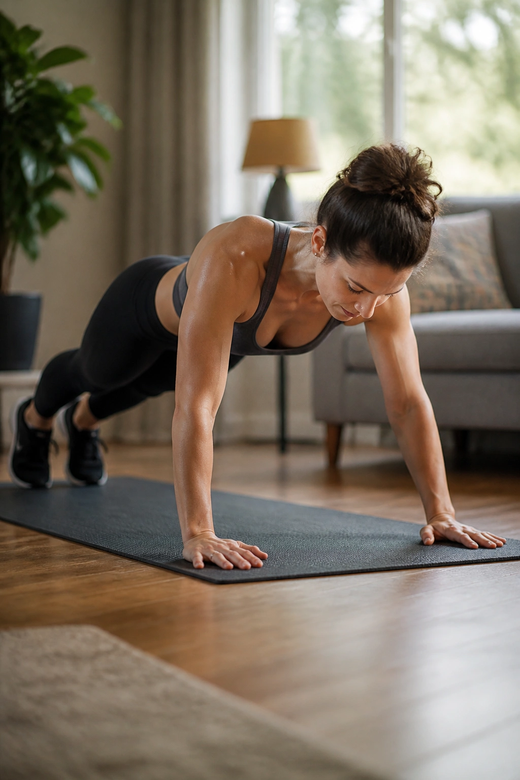 Close-up of a person transitioning from forearm to high plank during a home workout
