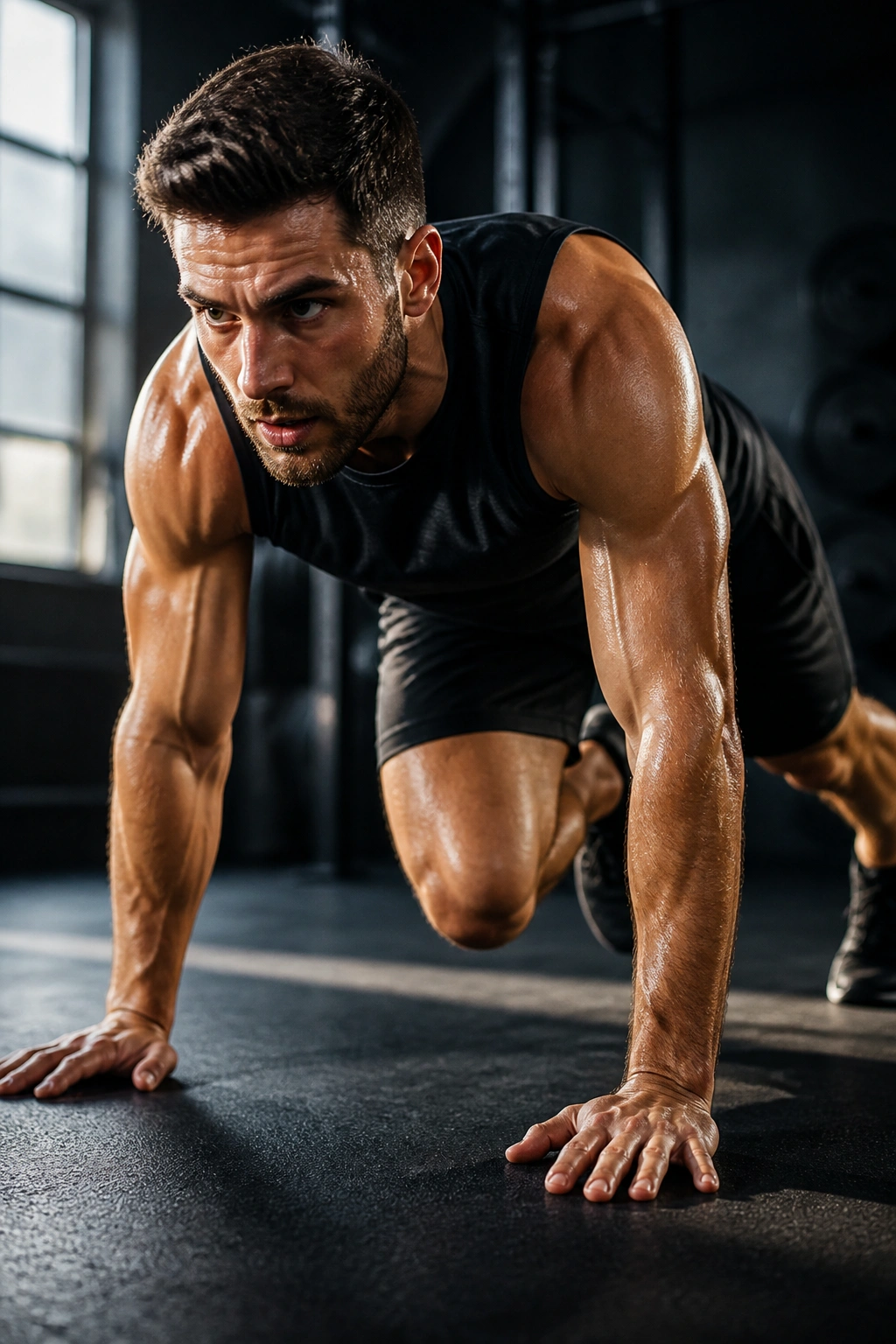 Athlete performing plank-to-push-up with speed skater motion