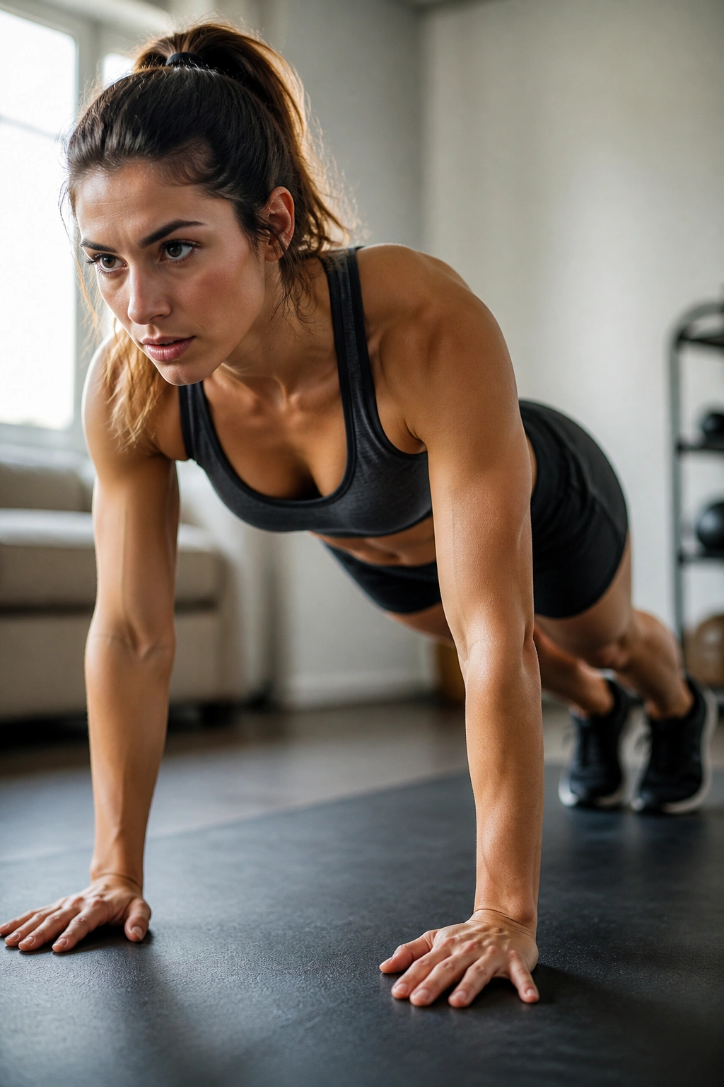 Person transitioning from forearm plank to push-up on gym floor