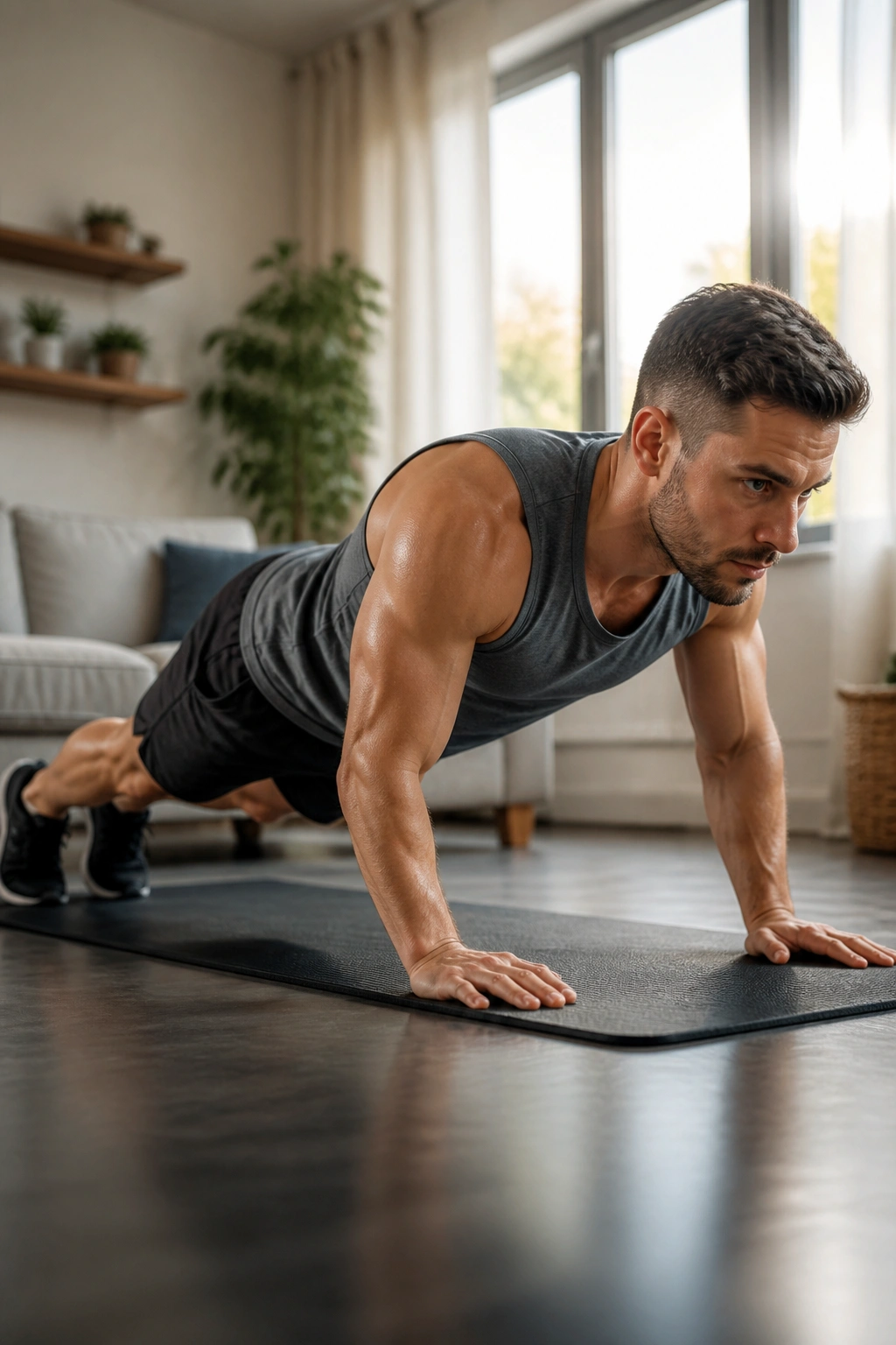 Real person performing plank-to-pushup on a mat in a home setting
