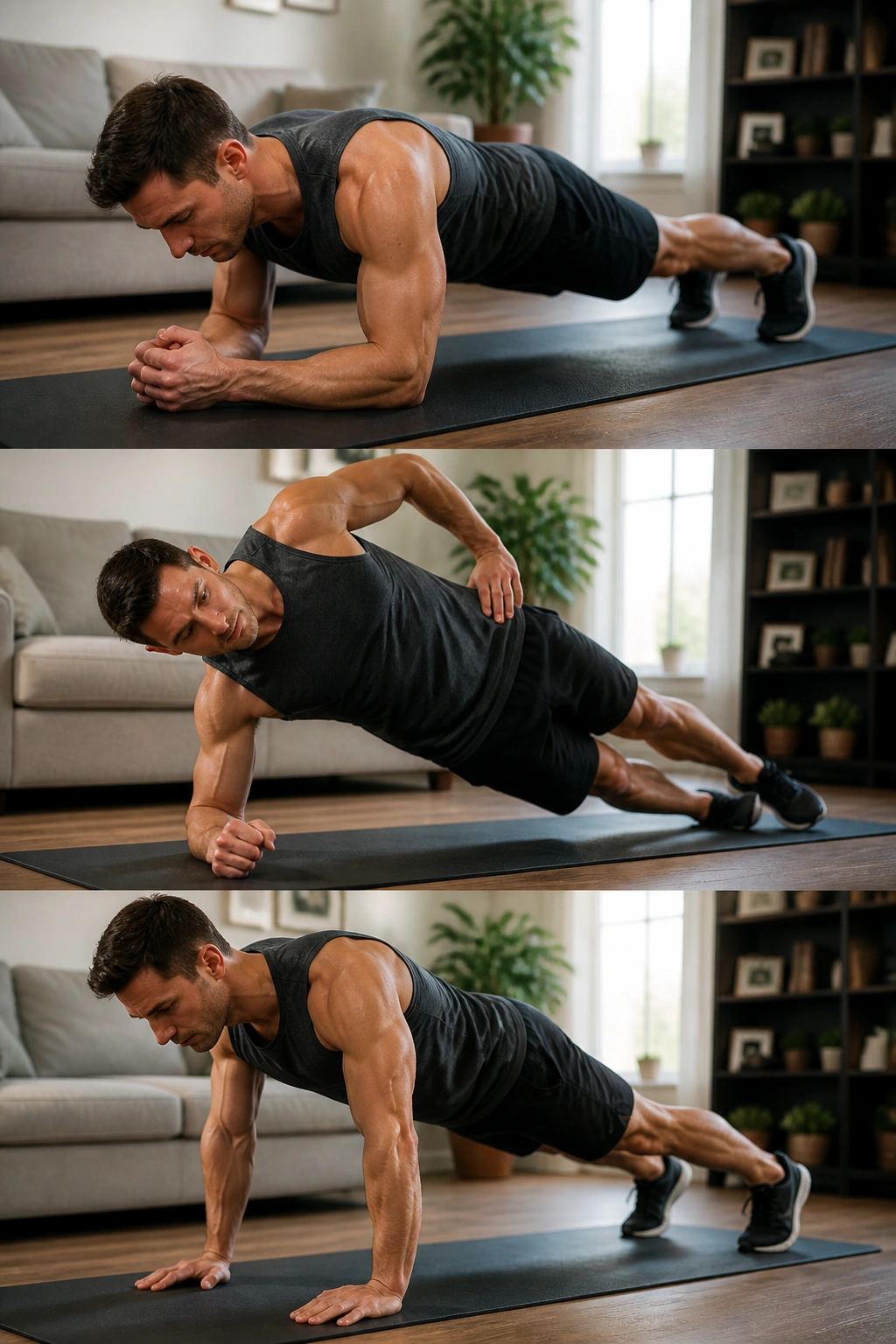 Person holding a forearm, side, and high plank with engaged core