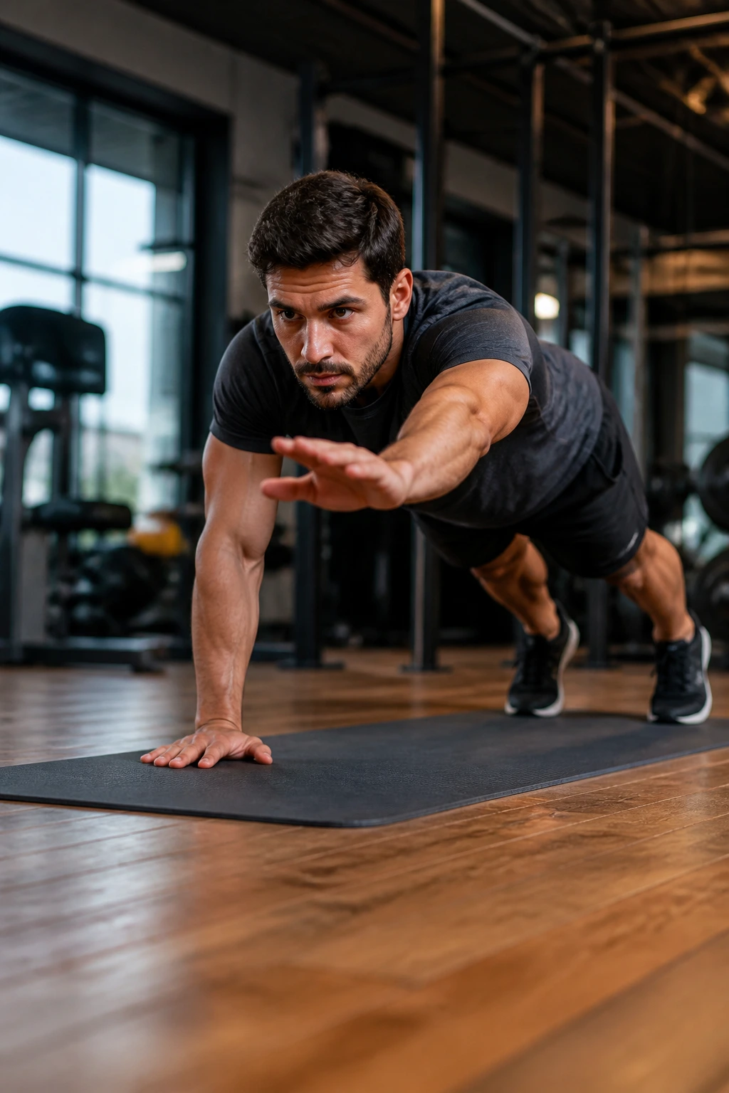 High plank with arm reaching forward in a controlled manner