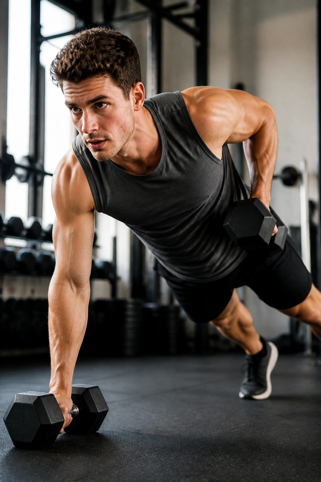 Person in high plank performing row while tapping shoulders, core engaged