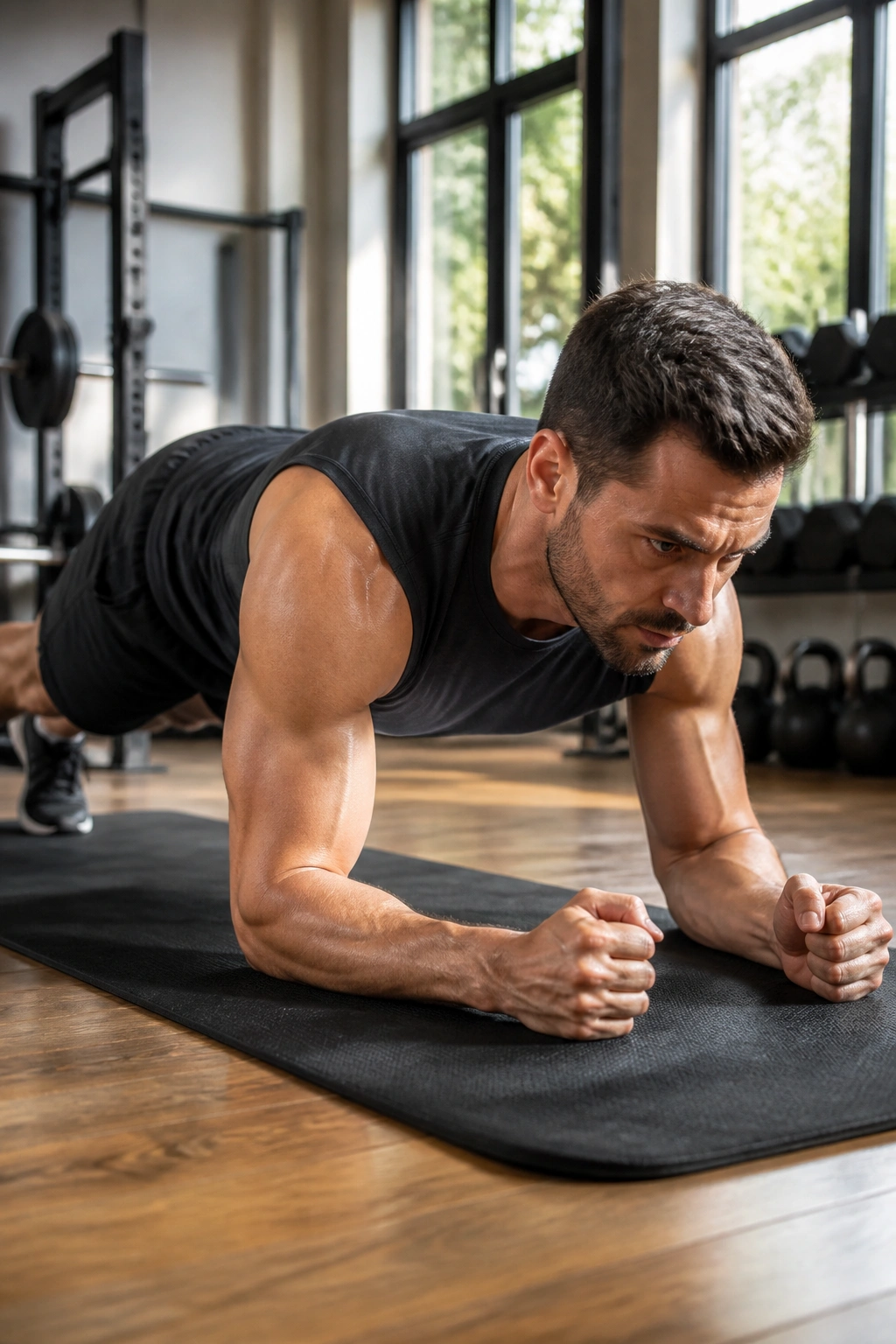 Medium-close portrait of a person performing plank saw in forearm plank with small forward-back movement