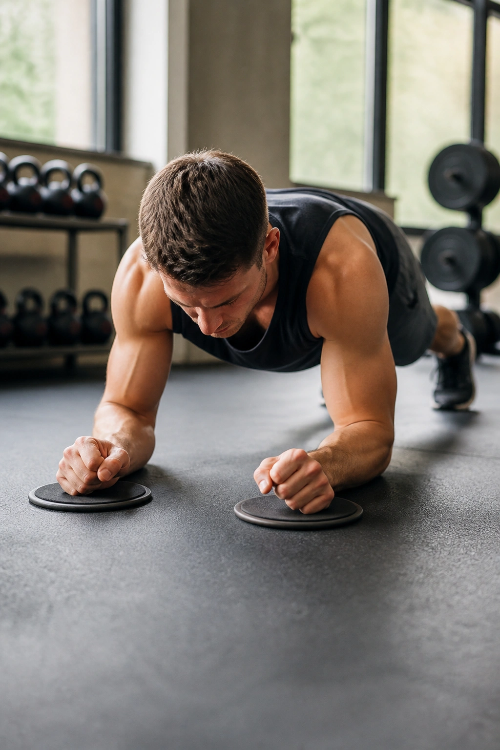 Person in forearm plank using sliders to perform plank saw on gym floor