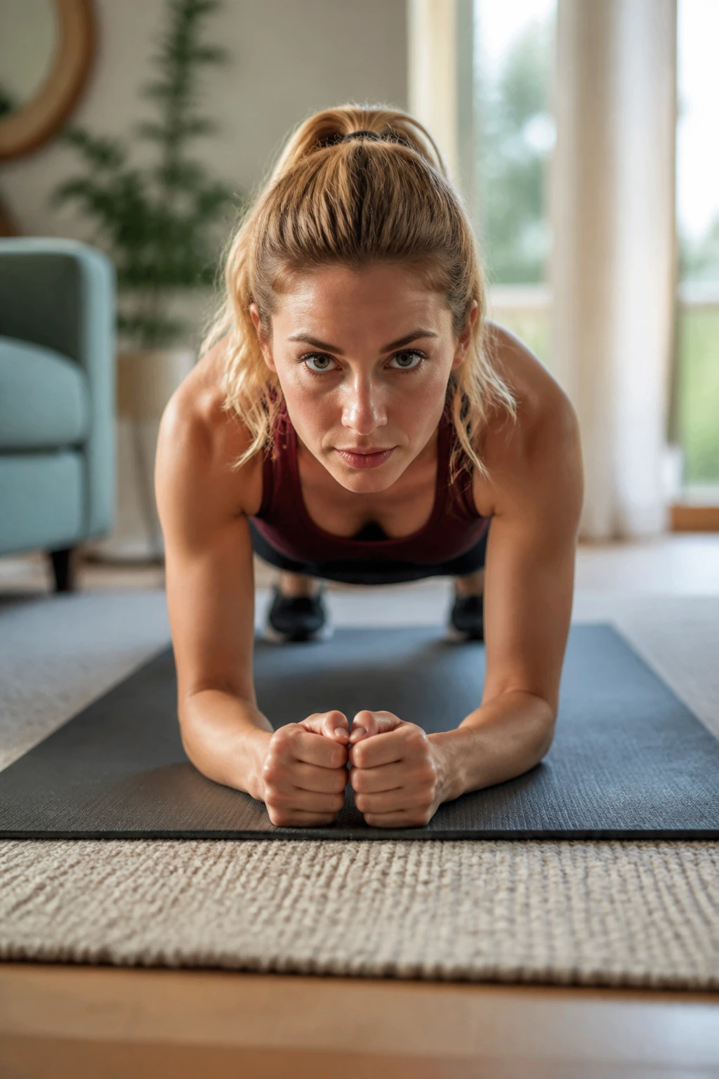 Person holding a front plank on a mat in a bright room