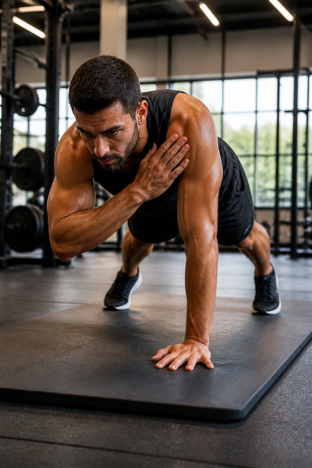 High plank with shoulder taps showing a stable core and minimal hip movement