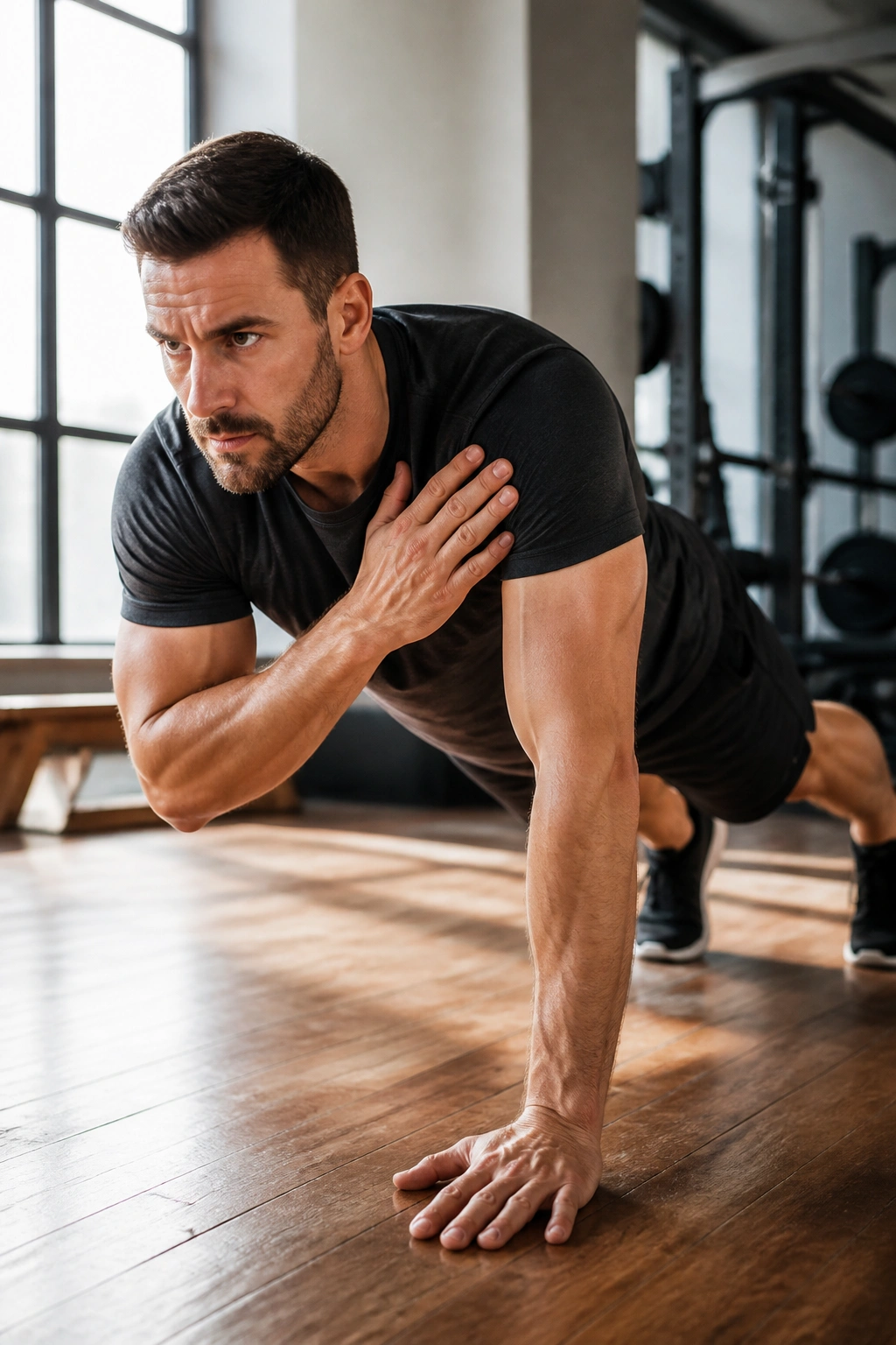 High plank with shoulder taps showing anti-rotation core engagement